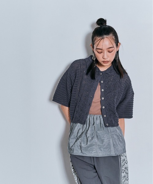 W：Huku ニット セーター コンパクト クロシェ編み 半袖 カーディガン