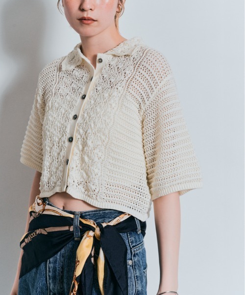 W：Huku ニット セーター コンパクト クロシェ編み 半袖 カーディガン