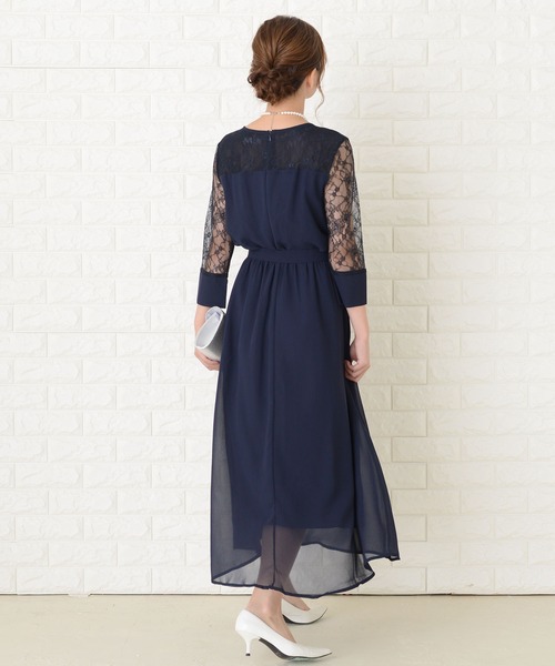 新品☆15号L紺系ウエストリボン＆レース切替♪大人かわいいワンピドレス☆a177 Lace Ladies ドレス 七分袖ウエストリボン付きシフォンロング