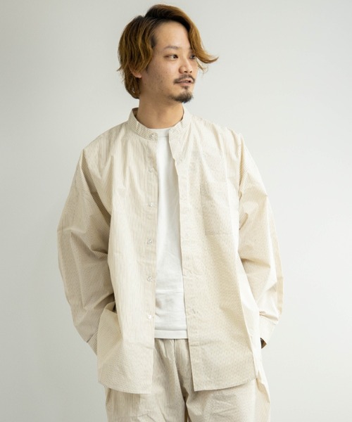 シャツ ブラウス ストライプ柄 ビッグシルエット 長袖 ノーカラーシャツ1 973円 長袖