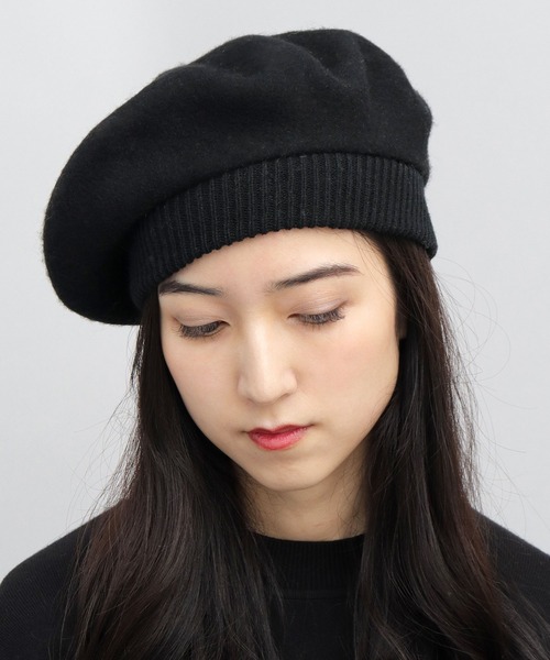 MISBHV黒いウールベレー帽 金属ロゴ付き A.M.S. 帽子 ベレー帽 リブニット ウール フェルトベレー帽 レディース