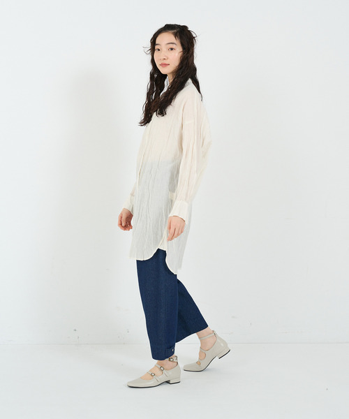 ブラウス シャツ クリンクル加工ロングシャツ レディース