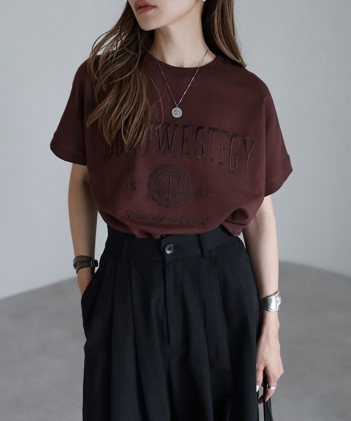 tシャツ カレッジ刺繍ピグメントスウェットTシャツ レディース | Bonjour Sagan | 03