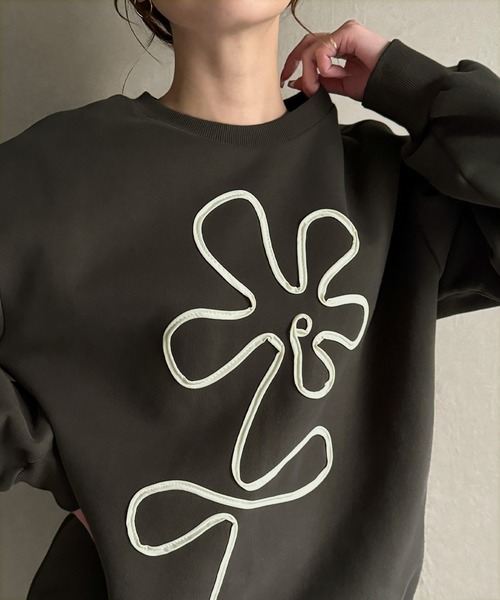 JUNOAH（ジュノア） トレーナー スウェット フラワー柄裏起毛プル