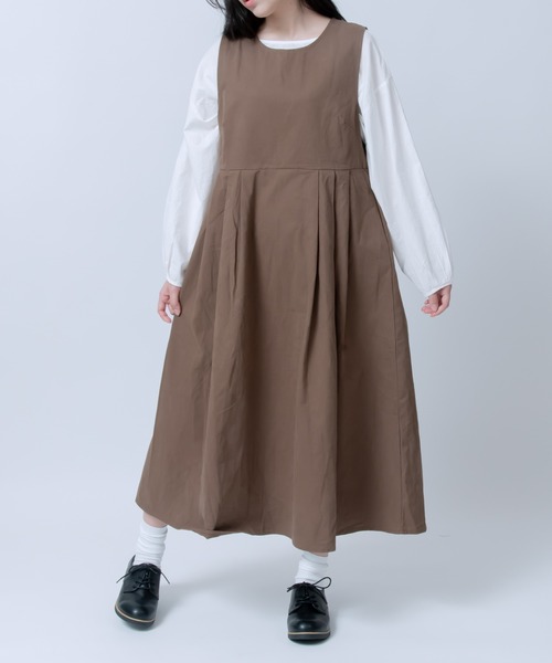 LOSUCA ワンピース コットンツイル切替えギャザーノースリーブ  