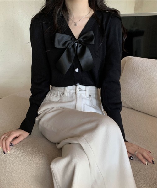 プリーツプリーズ 2way カーディガン カットソー 長袖 リボン ボタン リブ前リボンカーディガン《前後2WAY》（カーディガン/ボレロ