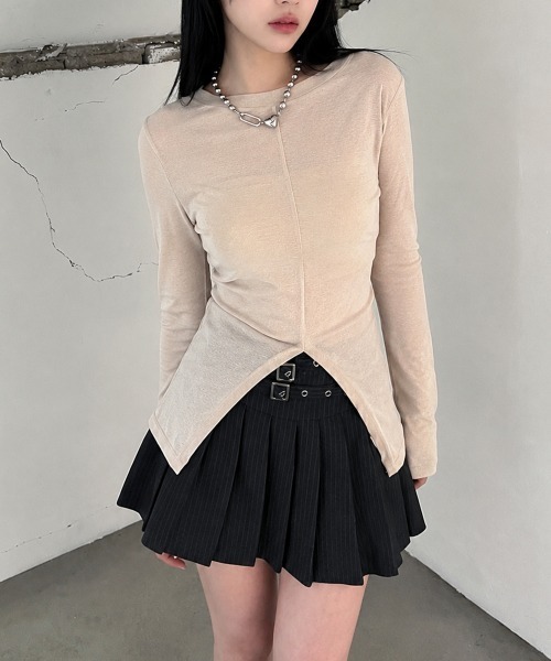 4INT. tシャツ シースルー フロントスリット 長袖 トップス レディース