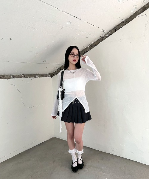 4INT. tシャツ シースルー フロントスリット 長袖 トップス レディース