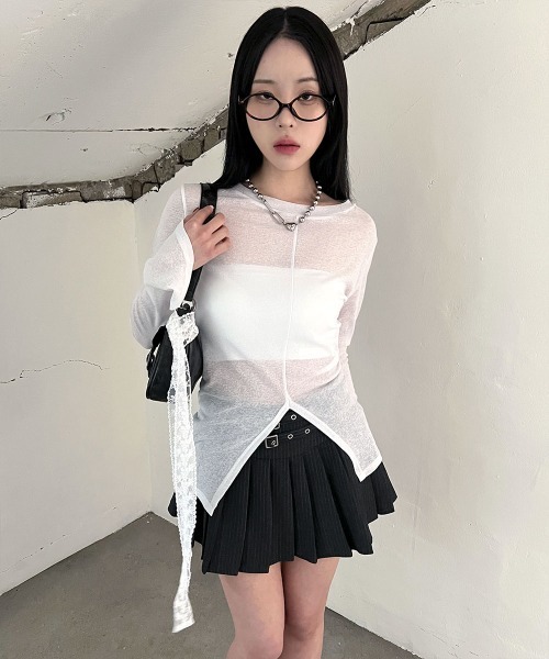 Chacott シースルー袖 ホワイトトップス 4INT. tシャツ シースルー フロントスリット 長袖 トップス レディース
