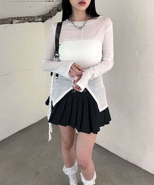 4INT. tシャツ シースルー フロントスリット 長袖 トップス レディース
