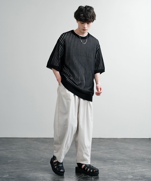 ERMANNO SCERVINO レース装飾ハイネックニット 半袖 グレー系 forksy.】ギャザーレースクロップド丈ダメージニット（ニット
