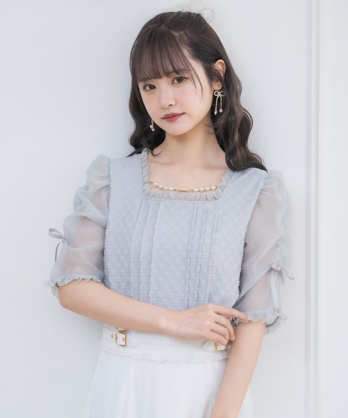 ROSSOPURO 売れ筋商品|||ロッソピューロ Tシャツ トップス レディース Tops Blue クチュールバイロジータ tシャツ パールチェーンスクエアー