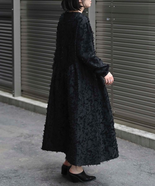 エミキュ　パフェ柄シャーリングドレス　ロングワンピース　黒　ブラック ＆HALF ワンピース フリンジロングドレス（ボリューム/ルーズ
