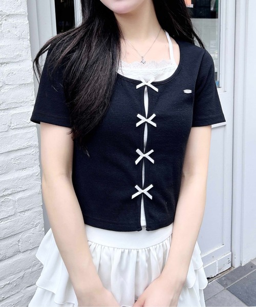 INGNI（イング） tシャツ プレート付レイヤード前リボンリブトップス