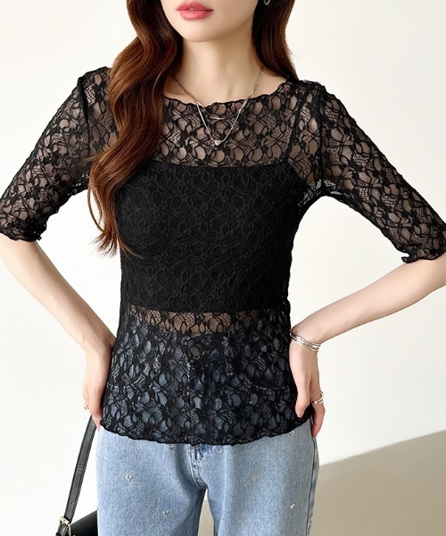 極美品　OHGA オーガ　総レース　クロシェ　半袖　カットソー　トップス 楽天市場】鍵編みトップス 半袖 クロシェ かわいい レースー