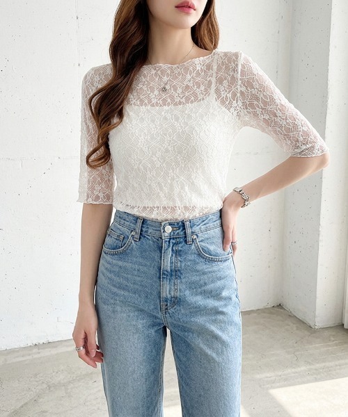 COCOMOMO tシャツ 総レースが美しく映える レーストップス ストレッチ