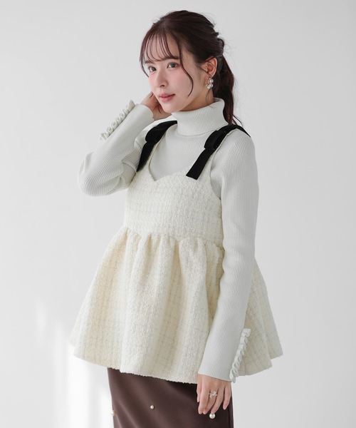 完売品！fitmore ショルダーベロアリボンツイードキャミトップス ブラック Fit more（フィットモア） ショルダーベロアリボンツイードキャミ