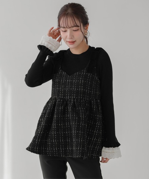 完売品！fitmore ショルダーベロアリボンツイードキャミトップス ブラック Fit more（フィットモア） ショルダーベロアリボンツイードキャミ
