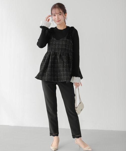 完売品！fitmore ショルダーベロアリボンツイードキャミトップス ブラック Fit more（フィットモア） ショルダーベロアリボンツイードキャミ