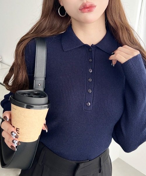 美品　 theory セオリー　リブニット　ニットポロ　ネイビー moment+ ニット セーター ポロリブニットプルオーバー「手洗い可能