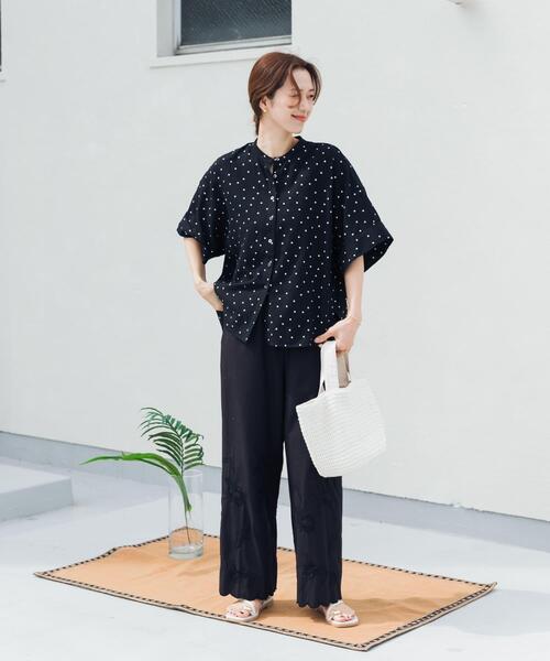 ブラウス シャツ リネンリヨセルドットドルマンシャツ｜夏/ブラウス/リネン/清涼/柄/体型カバー レディースの画像