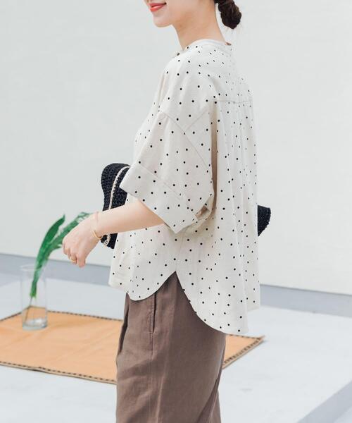 ブラウス シャツ リネンリヨセルドットドルマンシャツ｜夏/ブラウス/リネン/清涼/柄/体型カバー レディースの画像