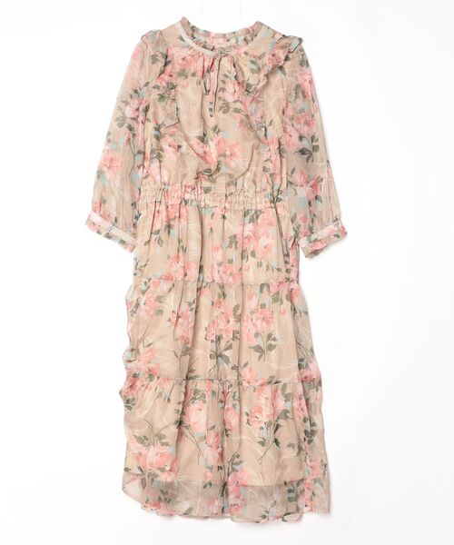 Rose Tiara ローズティアラワンピース　ビジュー　フレア　七分袖 Rose Tiara（ローズティアラ） 7分袖ワンピース 46 ベージュ