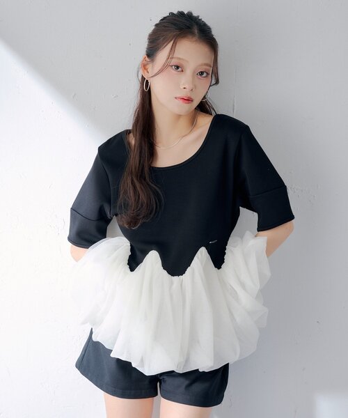 SALON by chico チューリップチュールバルーントップス　ブラック Chico（チコ） tシャツ WEB限定「SALON by Chico」チューリップ