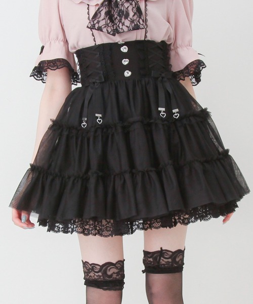 DearMyLove スカート 夏 ウエストレースアップフリルギャザーチュール