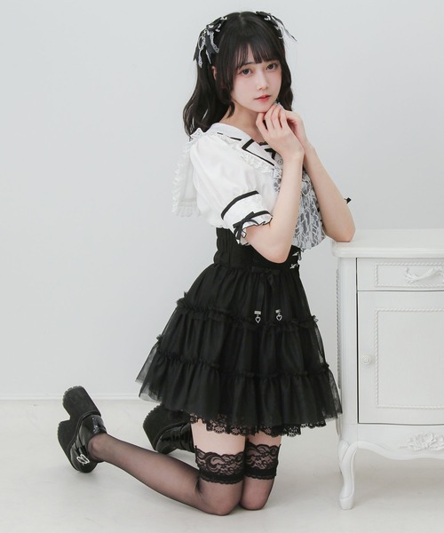 DearMyLove スカート 夏 ウエストレースアップフリルギャザーチュール