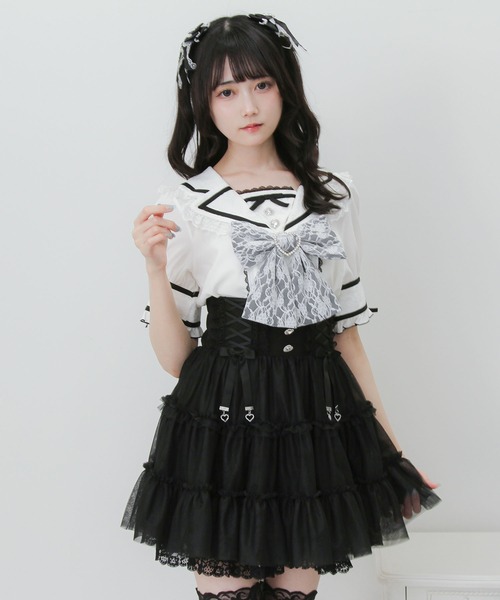 DearMyLove スカート 夏 ウエストレースアップフリルギャザーチュール