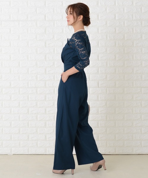 Lace Ladies パンツドレス 七分袖レース パーティードレス