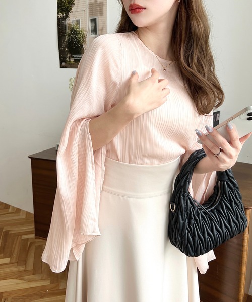 moment+ ブラウス シャツ シアーランダムプリーツスリットフレア