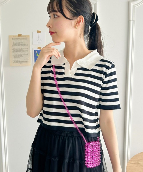 Loueme ポロシャツ ポロ キーネックボーダートップス レディース