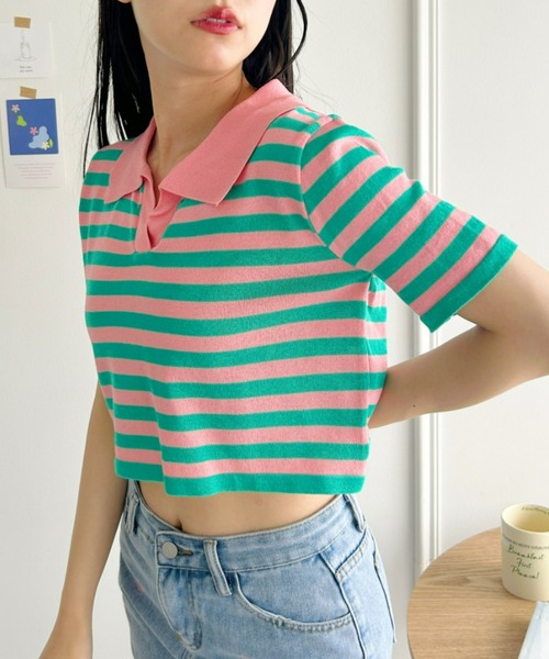 Loueme ポロシャツ ポロ キーネックボーダートップス レディース