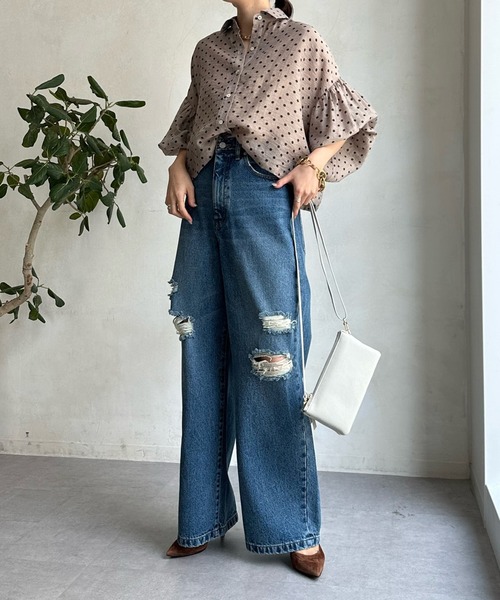 DouDou シャツ ブラウス ショート丈シアーシャツ レディース