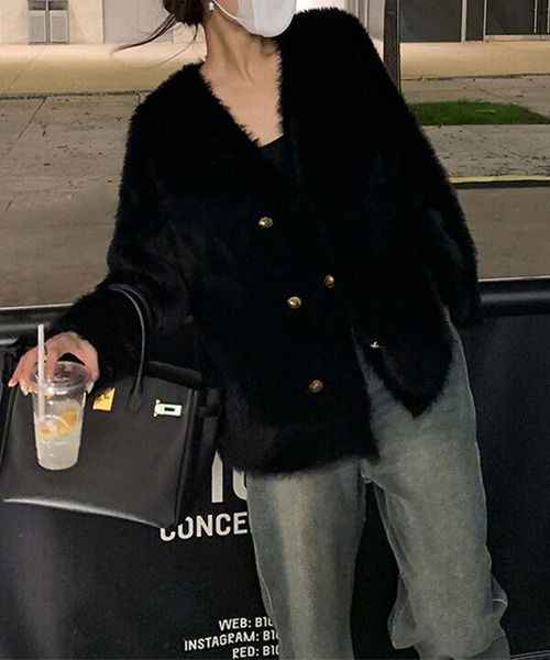 カーディガン ダブルボタン付きVネックカーディガン レディース