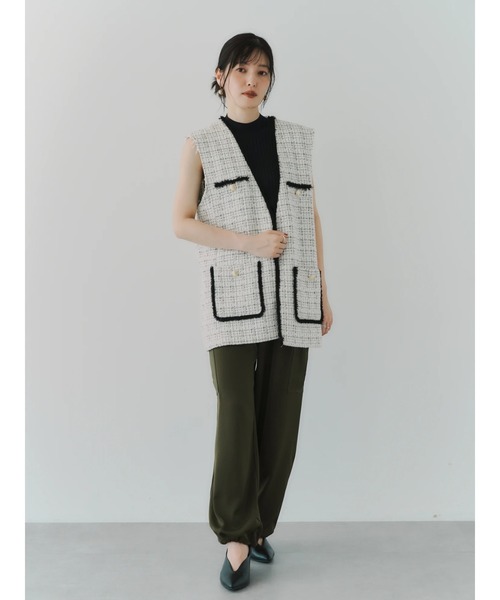 ベスト 金釦フリンジツイードジレ レディース フリンジデザイン金釦