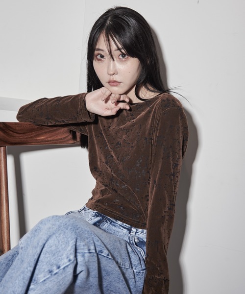 ブラウス シャツ メッシュベロアニュアンス柄トップス レディース