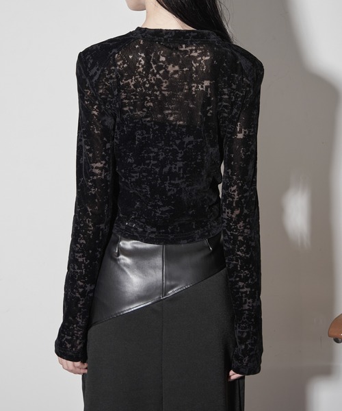 ブラウス シャツ メッシュベロアニュアンス柄トップス レディース