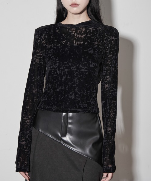 ブラウス シャツ メッシュベロアニュアンス柄トップス レディース
