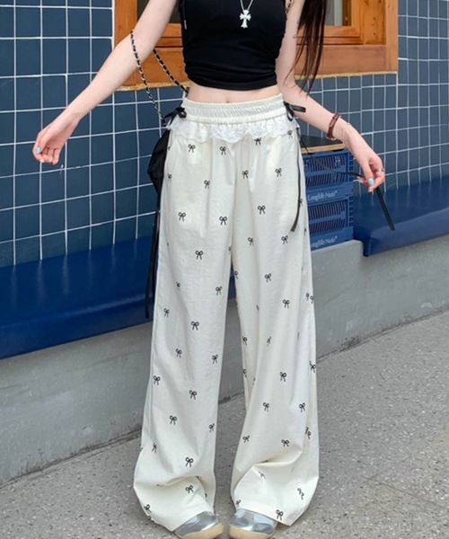ワイドパンツ パンツ リボン柄ウエストレースリボンパンツ イージー