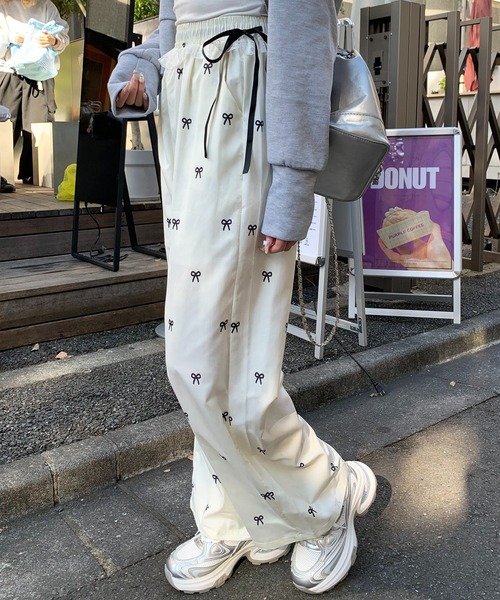 ワイドパンツ パンツ リボン柄ウエストレースリボンパンツ イージー