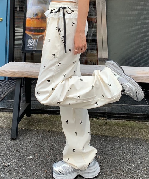 ワイドパンツ パンツ リボン柄ウエストレースリボンパンツ イージー