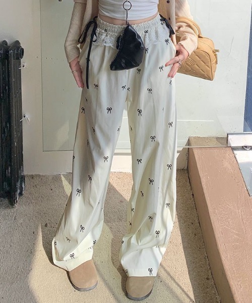 ＊新品＊リボン柄 ロングパンツ 上下セット ジェラートピケ gelato pique リボン柄ロングパンツ （OWHT