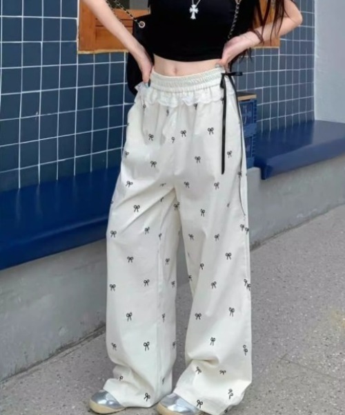 ワイドパンツ パンツ リボン柄ウエストレースリボンパンツ イージー