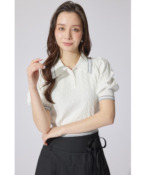 ランバンコレクション サマーニット トップス デザインニット 白 リブ rienda ニット セーター ポロデザインニットトップス 夏服 半袖