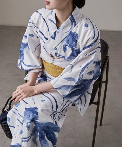 asaka 浴衣 浴衣セット 綿仕立て上がり浴衣 しわ兵児帯 腰ひも2本 3点