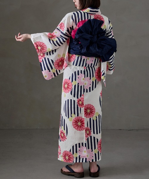 asaka 花柄×ドット　レトロ浴衣・兵児帯セット asaka 浴衣 浴衣セット 綿仕立て上がり浴衣 しわ兵児帯 腰ひも2本 3点