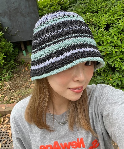 帽子 ハット かぎ編みボーダーデザイン クロシェハット レディース